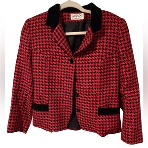 80s Vintage Red & Black Houndstooth Blazer With Velvet Collar & Trim | Wool Mix